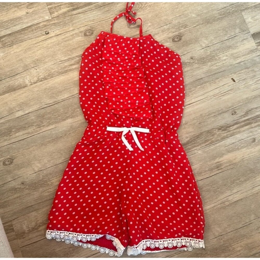 NWT Mia Belle Girls 6-7 Red and White Polka Dot Romper